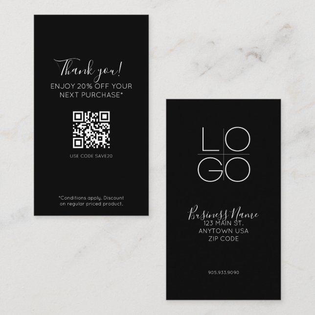 Carte De Visite Promo de script minimal noir Elegant Réduction QR (Devant / Derrière)