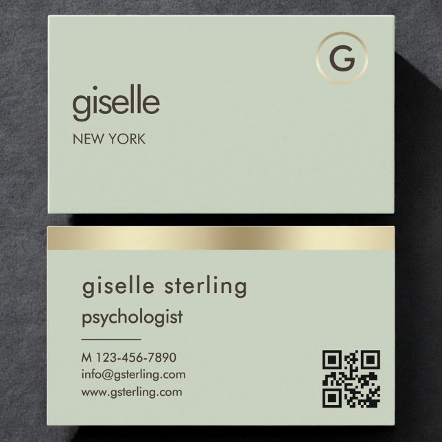 Carte De Visite Psychologist Counselor Sage Green Gold QR Code  (Créateur téléchargé)