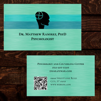 Carte De Visite Psychologist Psychiatrist Teal Faux Metal QR Code