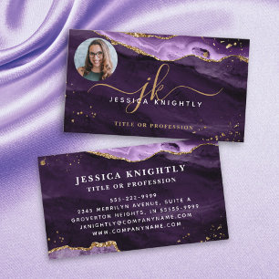 Carte De Visite Purple Agate Gold Parties scintillant Script Monog