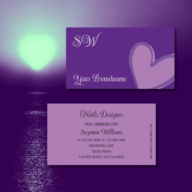 Carte De Visite Purple avec Magnifique Lilac Coeur et Monogramme m (Créateur téléchargé)