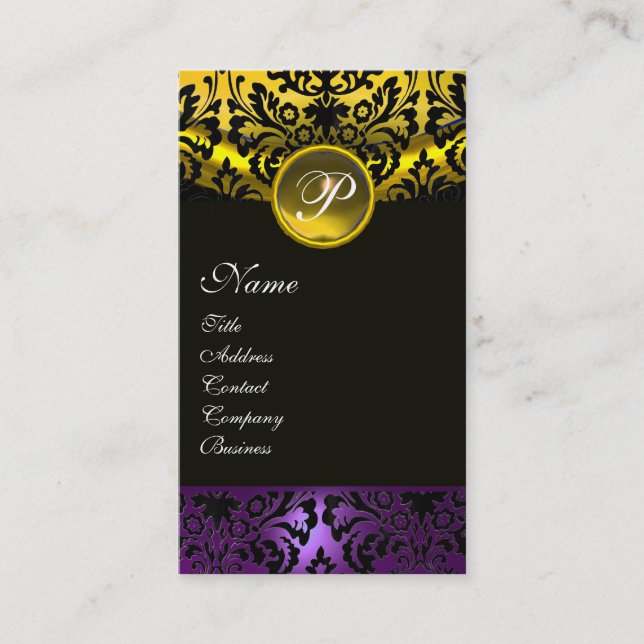 Carte De Visite PURPLE BLACK JAUNE TOPAZ DAMASK MONOGRAM, or (Devant)