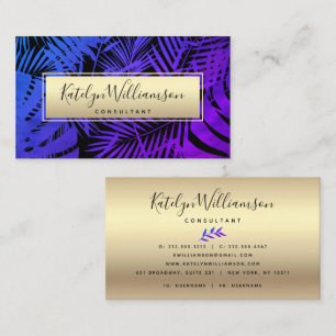 Carte De Visite Purple bleu ombre tropical palm chic or script