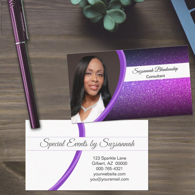 Carte De Visite Purple Faux Parties scintillant Professional Photo (Créateur téléchargé)