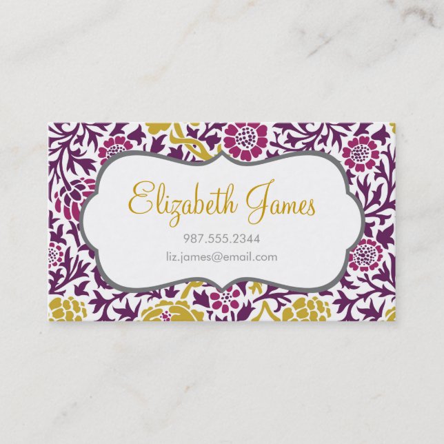 Carte De Visite Purple & Gold Retro Floral Damask (Devant)