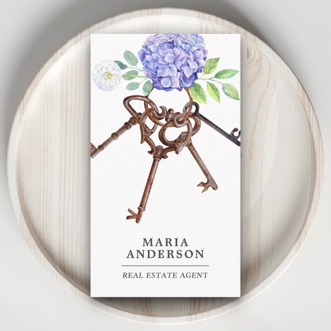 Carte De Visite Purple Hydrangea Antique Keys Agent immobilier (Créateur téléchargé)