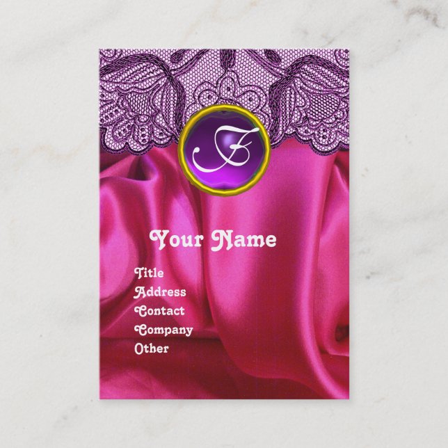 CARTE DE VISITE PURPLE LACE ROSE FUCHSIA SILKCLOTH, GEM MONOGRAM (Devant)