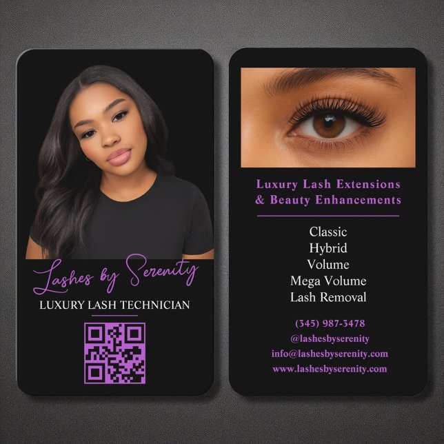 Carte De Visite Purple Lash Technicien QR Code Black Luxury Beauté (Créateur téléchargé)
