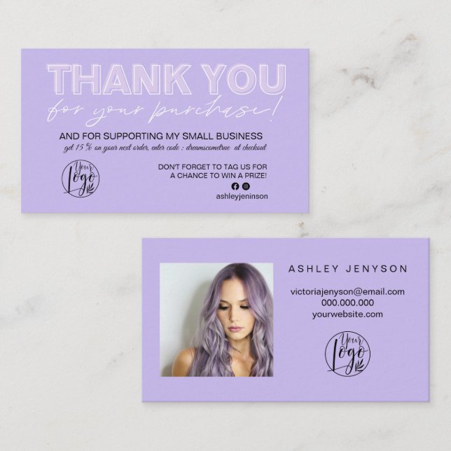 Carte De Visite Purple lavender script photo logo commander merci (Devant / Derrière)