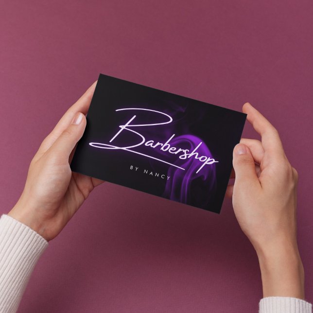 Carte De Visite Purple Neon Smoke Barbershop Script manuscrit (Créateur téléchargé)