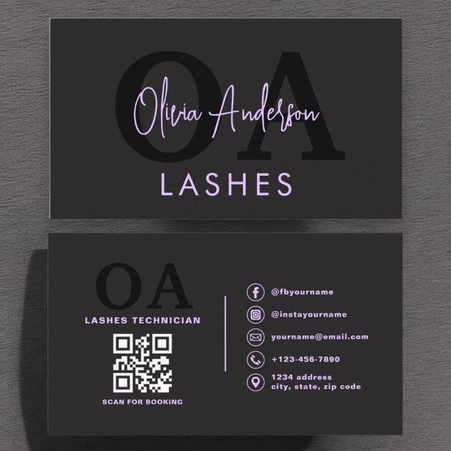 Carte De Visite Purple QR Code Eye Lashes Technicien Noir (Créateur téléchargé)