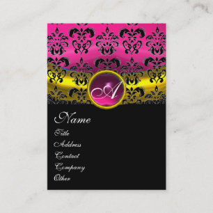 Carte De Visite PURPLE ROSE AMÉTHYST DAMASK MONOGRAM, or fuchsia
