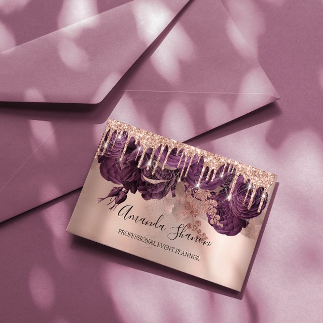 Carte De Visite Purple Rose Élégant Drives Logo Planificateur d'év (Purple Roses Elegant Drips Logo Event Planner Business Card)