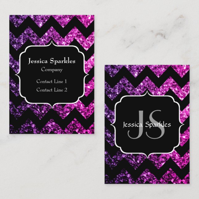 Carte De Visite Purple rose étincelles noir Chevron Monogramme (Devant / Derrière)