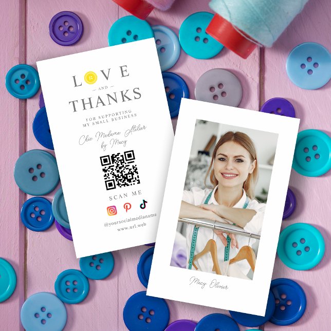 Carte De Visite QR Chic Yellow Button Love & Thanks Photo Support (QR Chic Yellow Button Love & Thanks Photo Supporting Small Business Card.)