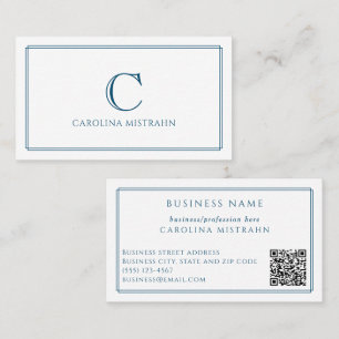 Carte De Visite QR Code à bordure bleu marine élégante Monogramme