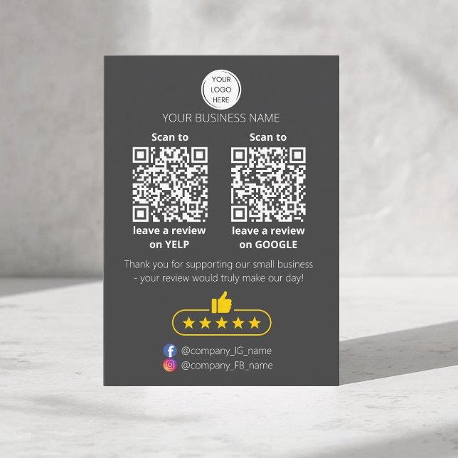 Carte De Visite QR code avis petite entreprise GOOGLE et YELP  (QR-code "leave a review" business card. Five stars review. Custom logo, yelp and google)