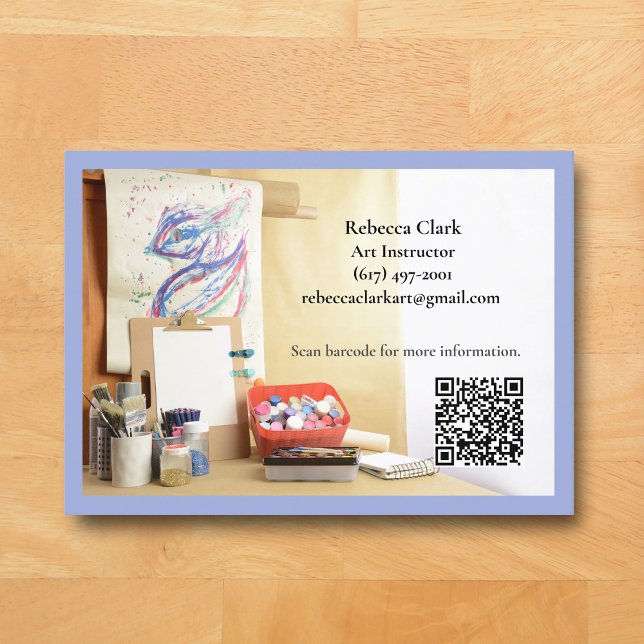 Carte De Visite QR Code Blue Art Teacher Tutor Art Class  (Blue Art Classroom Business Card for Teacher )