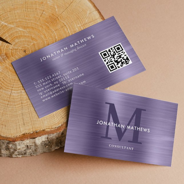 Carte De Visite QR Code brossé Métal Midnight violet monogramme (Créateur téléchargé)