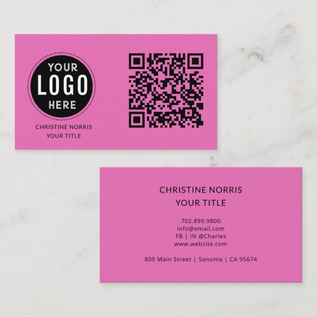 Carte De Visite QR Code Business Logo | Modern Hot Pink (Devant / Derrière)