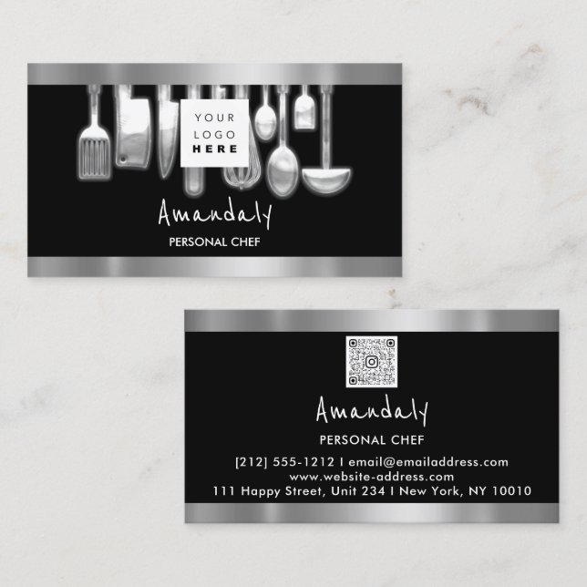 Carte De Visite QR Code Chef personnel Cuisine Restaurant Argent (Devant / Derrière)