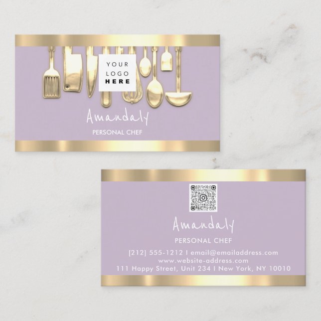 Carte De Visite QR Code Chef personnel Cuisine Restaurant Lavender (Devant / Derrière)