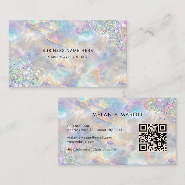 Carte De Visite QR Code Chic Holographic Parties scintillant Iredi (Devant / Derrière)