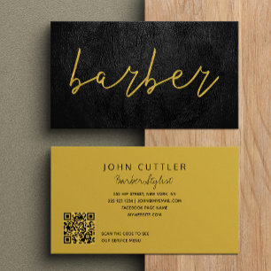 Carte De Visite QR CODE cuir noir barbier or typographie