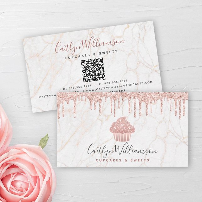 Carte De Visite QR Code Cupcake Rose Parties scintillant or Drift  (Créateur téléchargé)