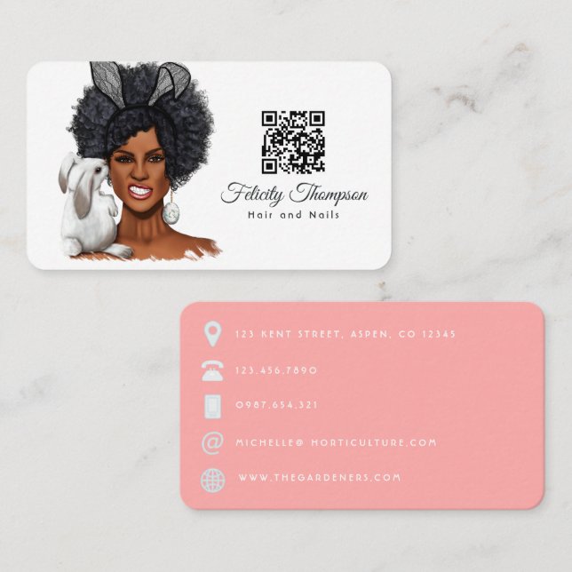 Carte de visite QR Code de coiffeur afro-américain (Devant / Derrière)