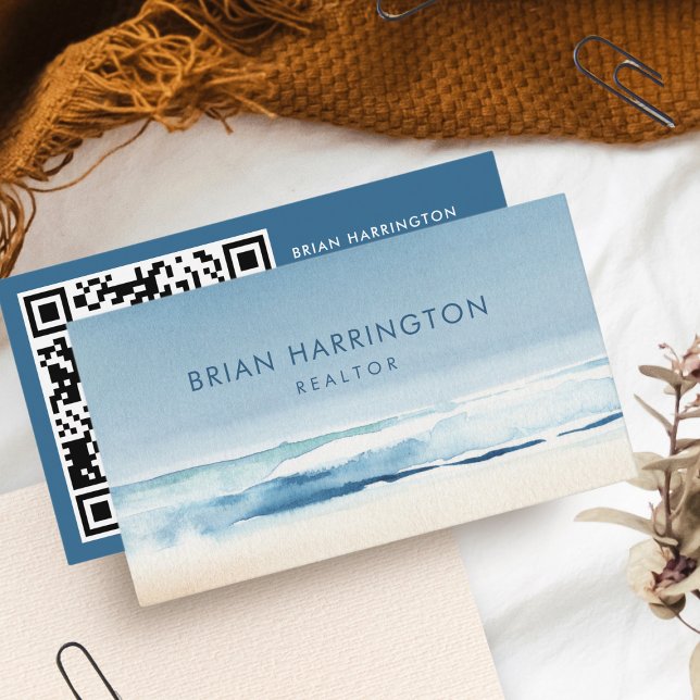 Carte De Visite QR Code de l'aquarelle scannable Côte Plage bleue (Créateur téléchargé)