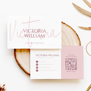 Carte de visite QR Code élégante rose pâle script