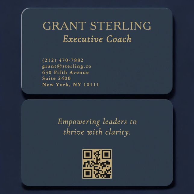 Carte De Visite QR Code Executive Coach Navy Blue Gold  (Créateur téléchargé)