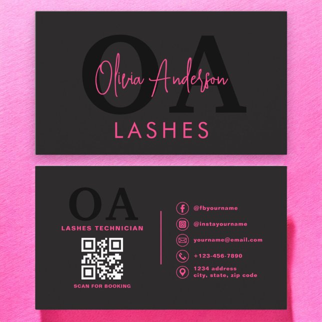 Carte De Visite QR Code Eye Lashes Technicien Hot Pink Noir (Créateur téléchargé)
