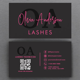 Carte De Visite QR Code Eye Lashes Technicien Hot Pink Noir