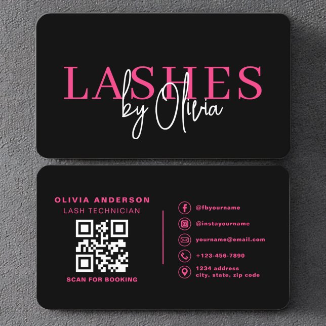 Carte De Visite QR Code Eye Lashes Technicien Hot Pink Noir (Créateur téléchargé)