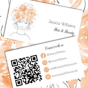 Carte De Visite QR code fille mignonne pêches aquarelle rose flora