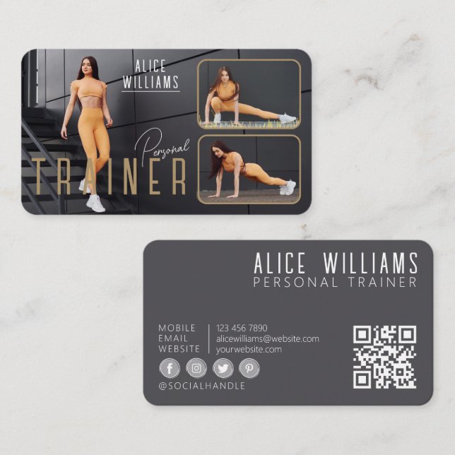 Carte De Visite QR Code Fitness Gold & Grey Personal Trainer Photo (Devant / Derrière)