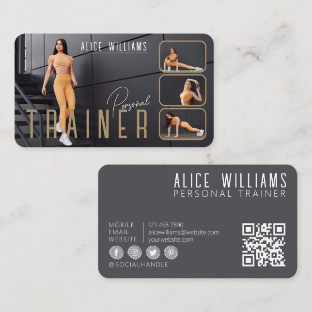 Carte De Visite QR Code Fitness Gold & Grey Personal Trainer Photo (Devant / Derrière)