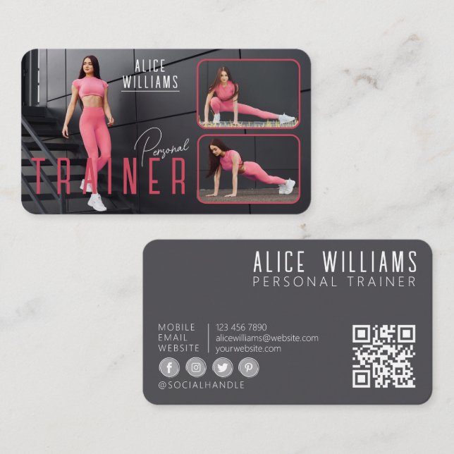 Carte De Visite QR Code Fitness Pink & Grey Personal Trainer Photo (Devant / Derrière)
