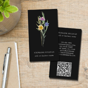 Carte De Visite QR Code Fleur sauvage professionnel noir