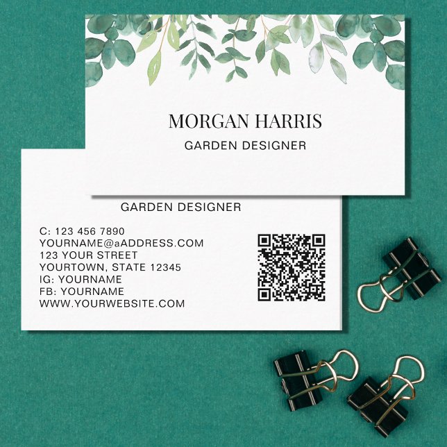 Carte De Visite QR Code Garden Designer Aquarelle Verdure (Créateur téléchargé)