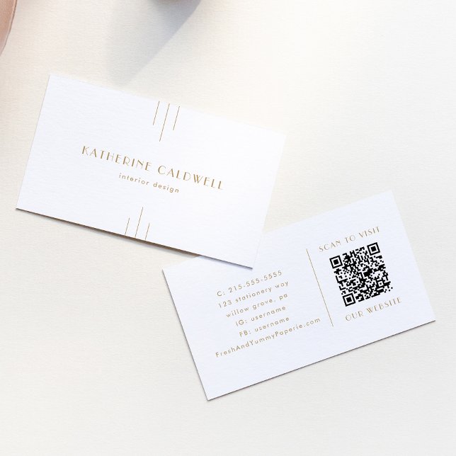 Carte de visite QR Code géométrique simple Art Déc (EVERLY Gold Art Deco Simple Geometric QR Code Business Card)
