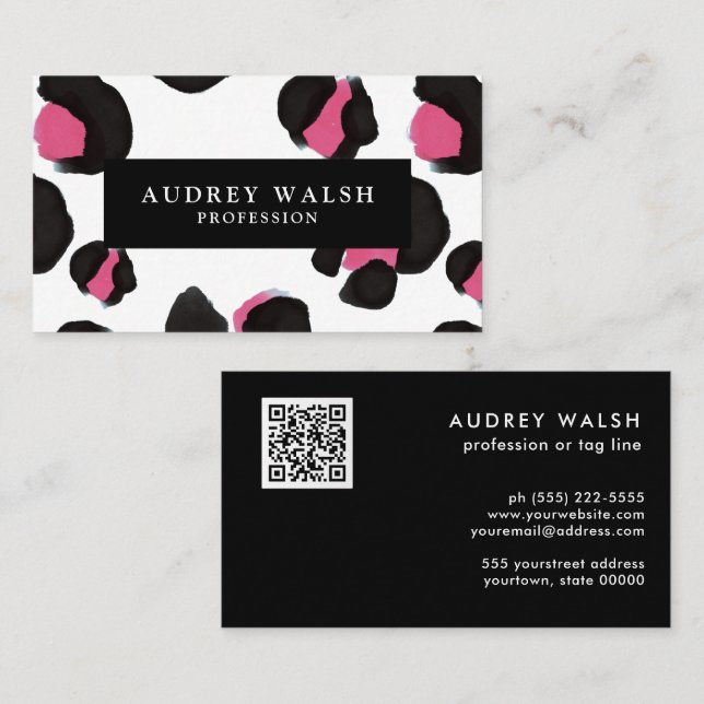 Carte De Visite QR CODE Glam rose noir blanc Empreinte de léopard (Devant / Derrière)