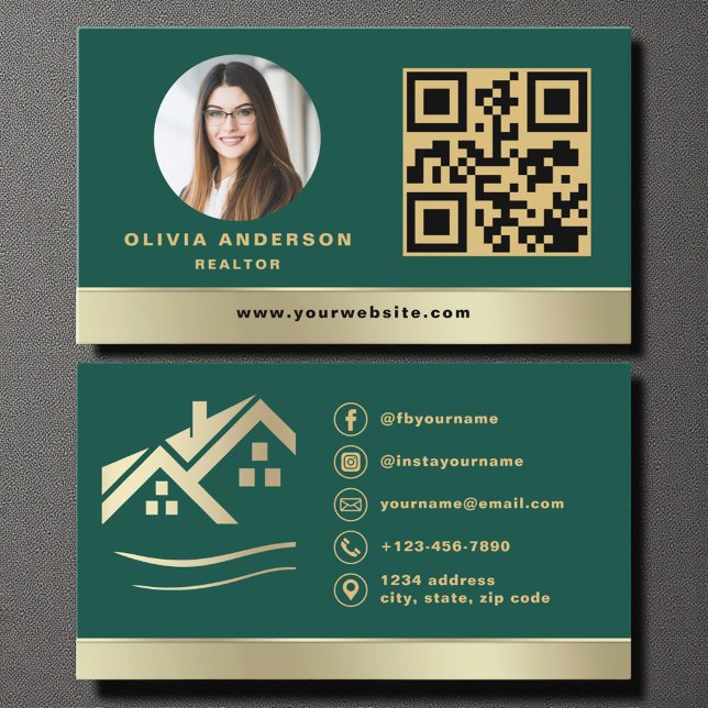 Carte De Visite QR Code Gold House Green Real Estate Realtor (Créateur téléchargé)