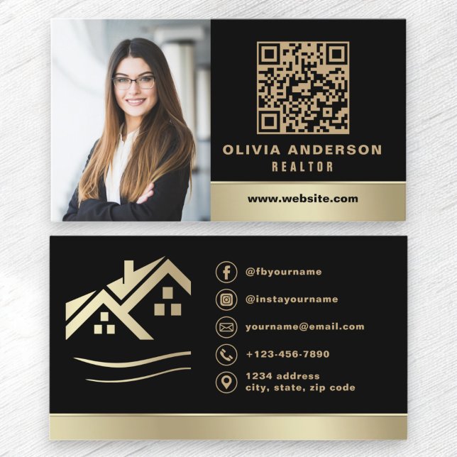 Carte De Visite QR Code Gold House Noir Réalisateur immobilier (Créateur téléchargé)