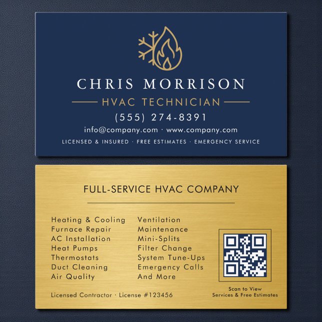 Carte De Visite QR Code HVAC Technician Navy Blue Gold (Créateur téléchargé)