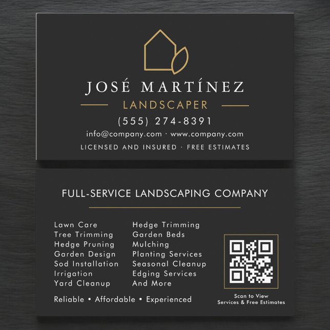 Carte De Visite QR Code Landscaper Lawn Service Black & Gold (Créateur téléchargé)
