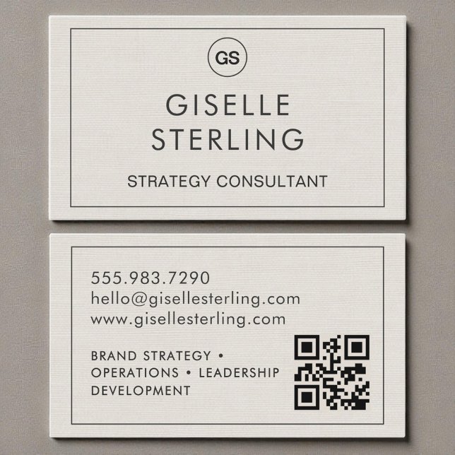 Carte De Visite QR Code Linen Monogram Modern (Créateur téléchargé)