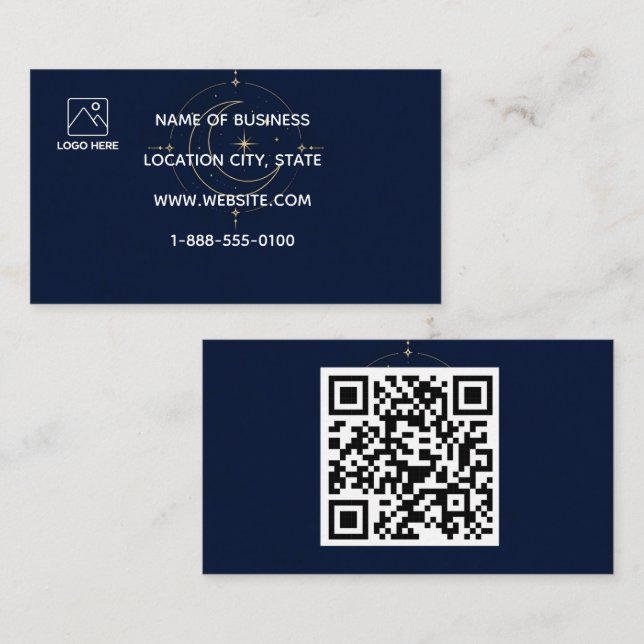 Carte de visite QR Code Lune Or Céleste Navy (Devant / Derrière)